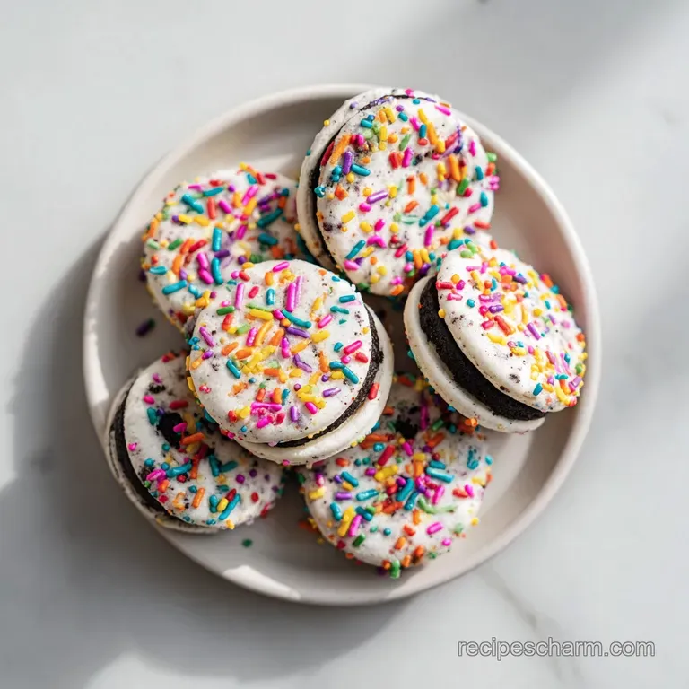 A charming love bug Oreo cookie rests on a white plate. Red candy coating gleams under the lights. Sprinkles add texture.