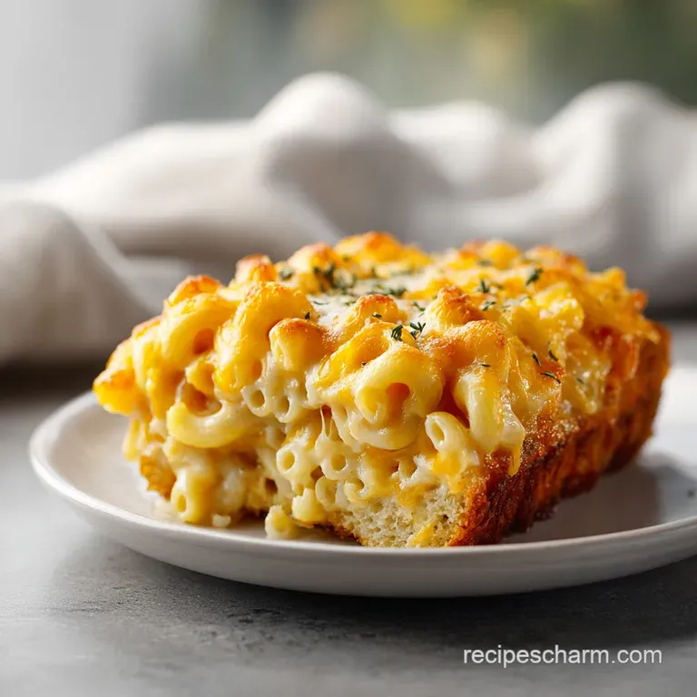 A hearty slice of meatloaf casserole, topped with melted cheese and a swirl of creamy sauce, on a white plate.