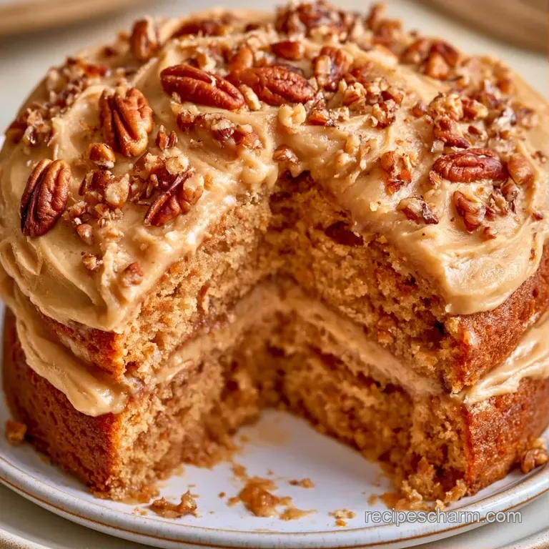 A neat slice of golden cake on a ceramic plate, topped with a caramel-colored glaze and a sprinkle of pecans.