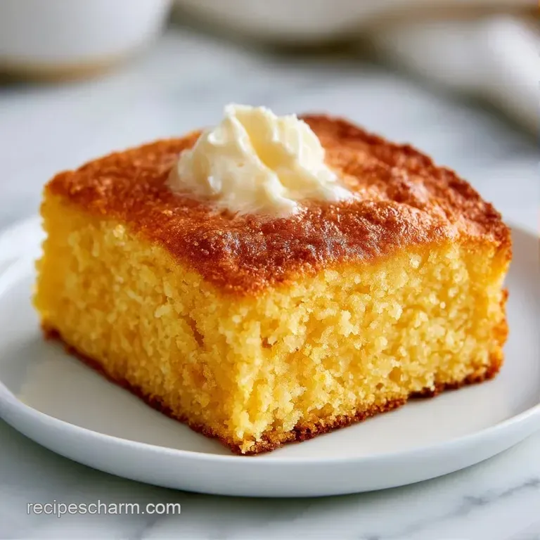 A square slice of golden cornbread on a white plate, topped with a melting pat of butter and fresh parsley.