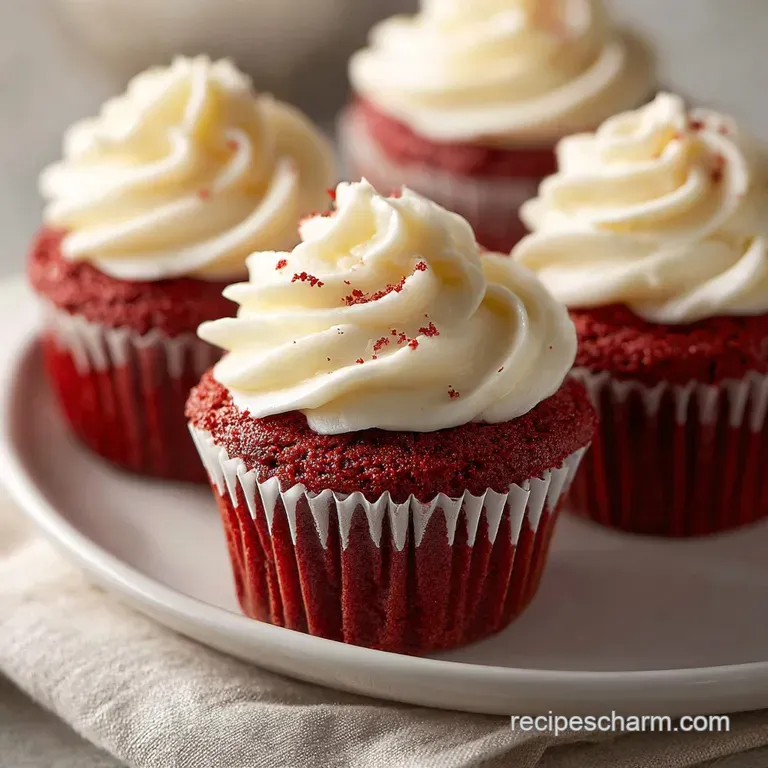 Elegant red velvet cupcake on a white plate, cream cheese frosting glistening softly, dusted with cocoa powder for a rich ...