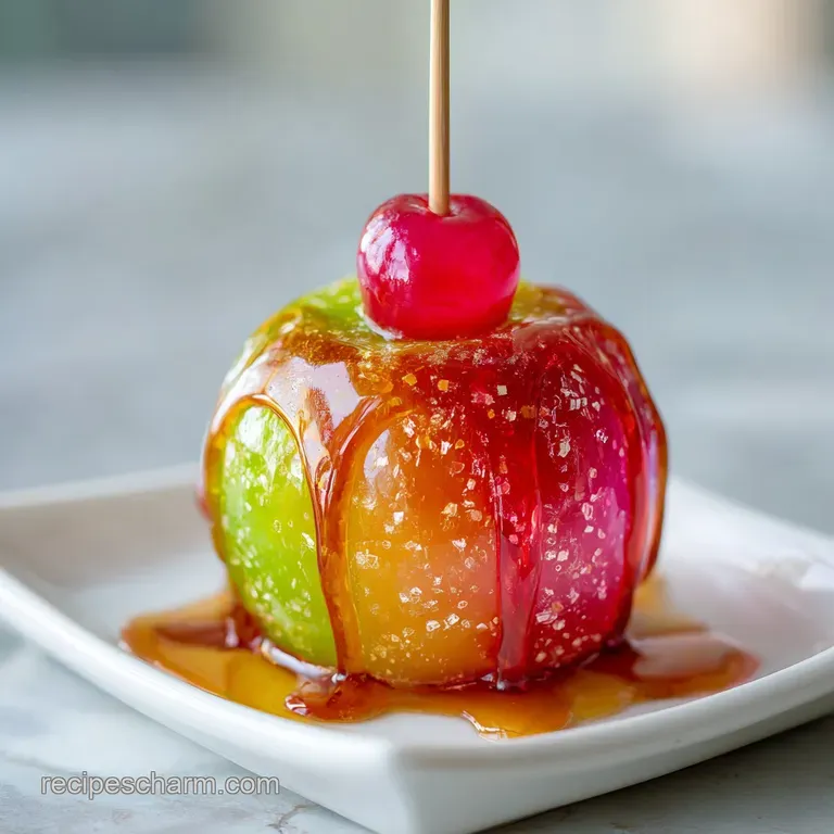 Elegant candy apple presentation. The glossy green surface is contrasted by a dark, savory sauce drizzle on a white plate.