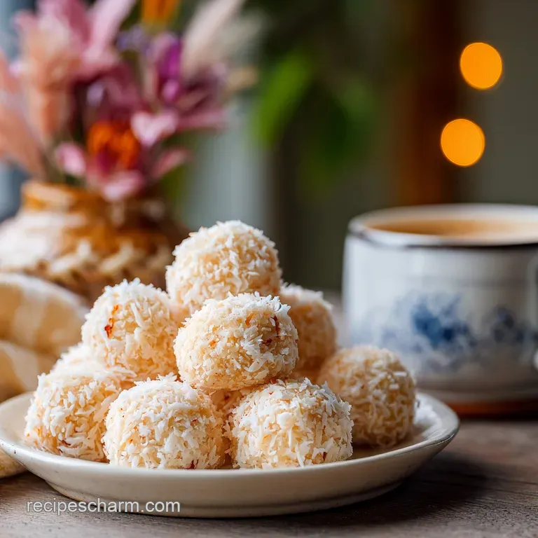Three coconut balls elegantly arranged on a small white plate, dusted with coconut, showcasing their soft, sugary coating.