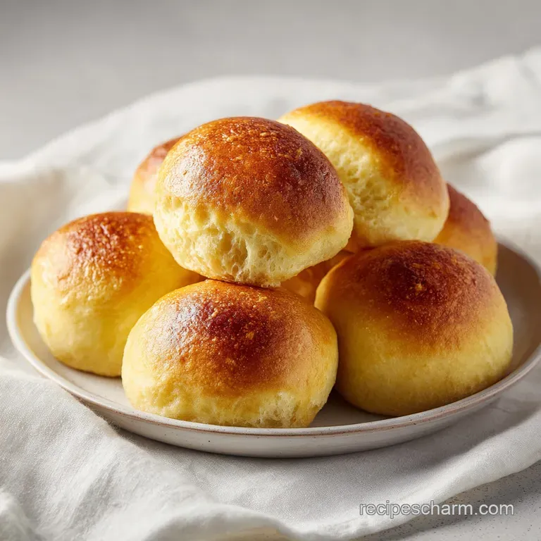 A neat stack of warm, airy dinner rolls with a glistening sheen of melted butter, presented on a white ceramic plate.