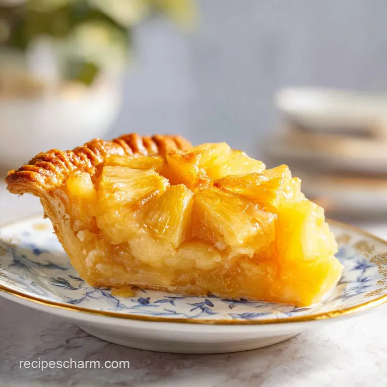 A slice of creamy pineapple pie, a swirl of whipped cream topping its golden crust.