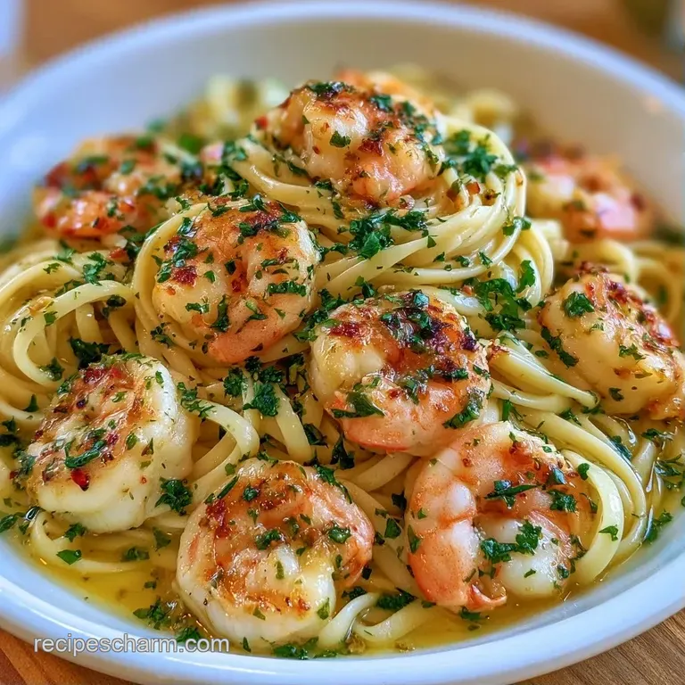 Swirled pasta nest topped with seared pink shrimp and a lemon wedge on a minimalist white ceramic dinner plate.