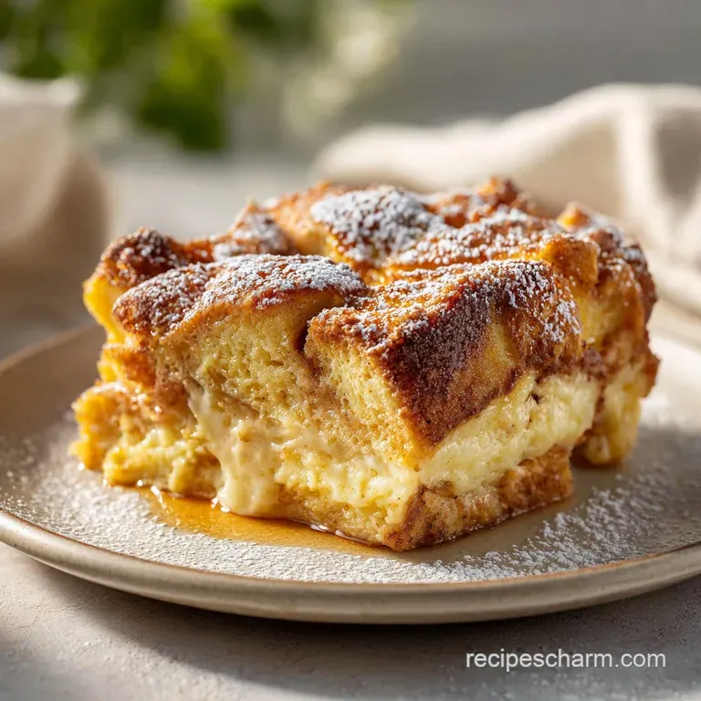 A single slice of fluffy French toast casserole, glistening with syrup, topped with fresh berries and a dusting of powdere...