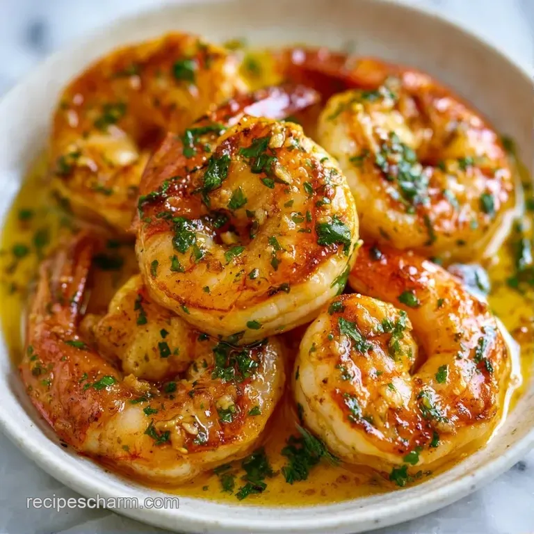 Plump, pink shrimp glistening in garlic butter on a white ceramic plate with a slice of crusty toasted baguette.