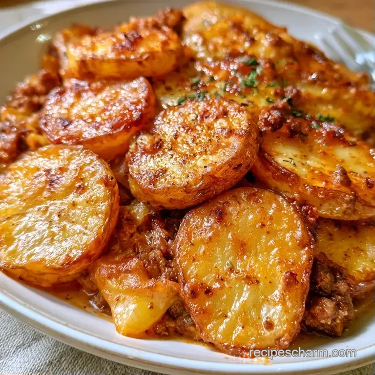 A neat square slice of cheesy potato bake on a white plate, garnished with a sprig of fresh green parsley.