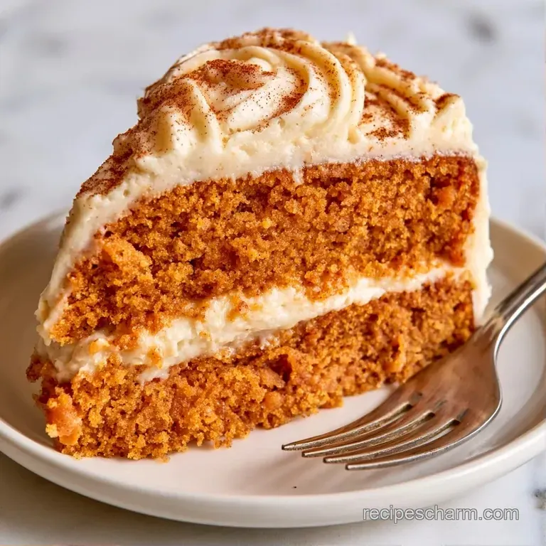 A single slice of moist orange cake topped with a swirl of cream frosting, served on a minimalist white ceramic plate.