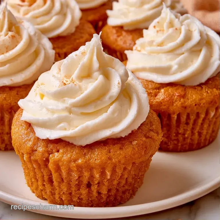 A dozen orange-hued cakes on a white ceramic platter, each crowned with a tall peak of fluffy cream icing.