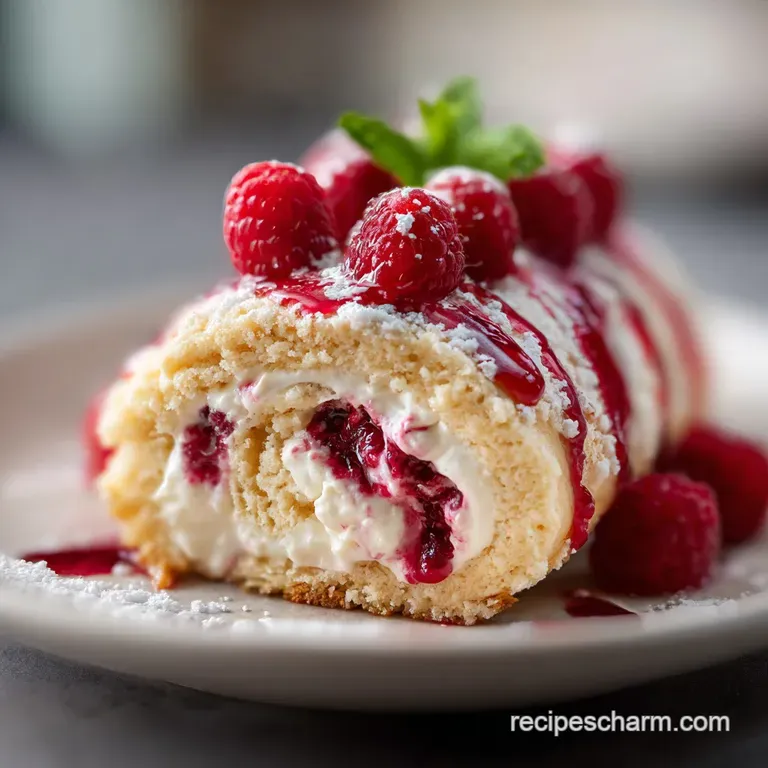 Slice of light cake roll with creamy filling and juicy raspberries. White chocolate shavings accent this elegant dessert p...
