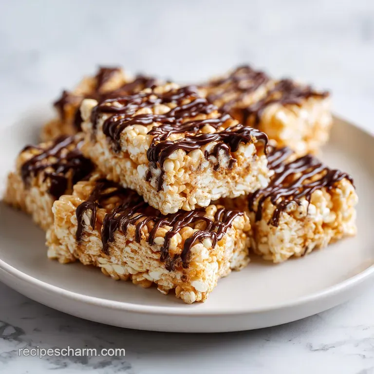 A stack of chewy rice cereal treats on a white plate, topped with a drizzle of melted chocolate and sea salt.