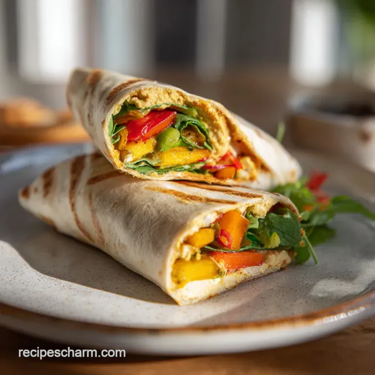 Bright roasted veggie wrap halves, artfully arranged, showcasing the vibrant colors and textures of the filling.