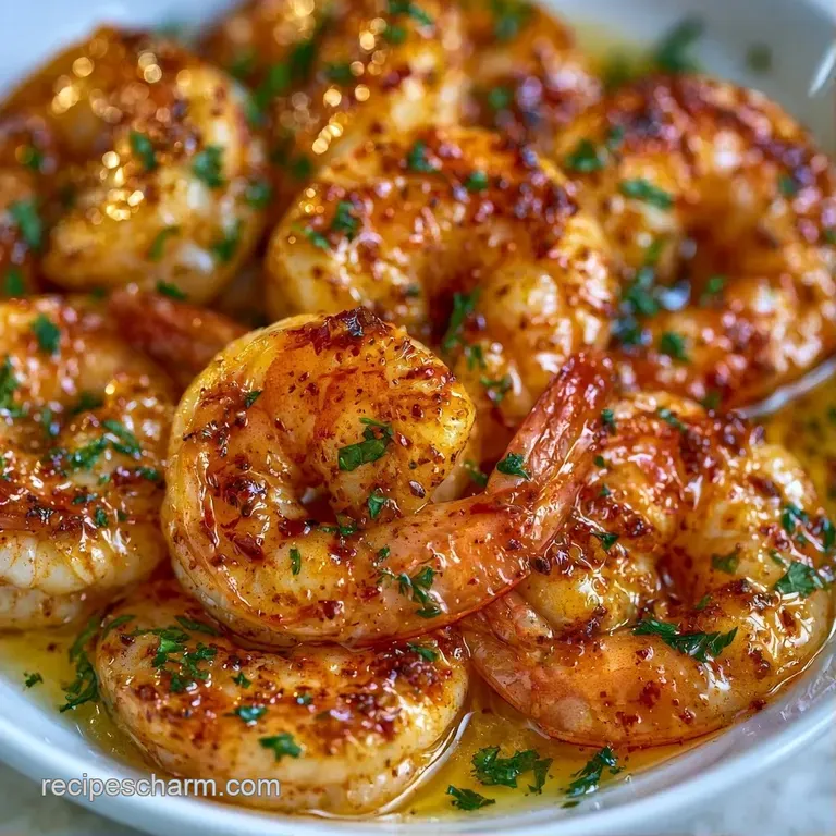 Vibrant orange shrimp arranged over fluffy white rice with bright lemon wedges and dried red pepper flakes.