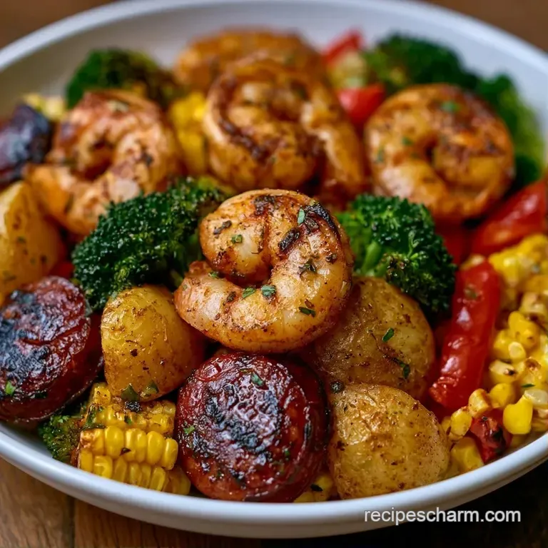 Saut&eacute;ed pink shrimp and browned sausage slices arranged on a white plate with a sprinkle of fresh green parsley.