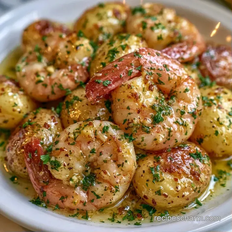 Seared pink shrimp and crisp gold potato cubes arranged on a white ceramic plate with a fresh lemon wedge slice.