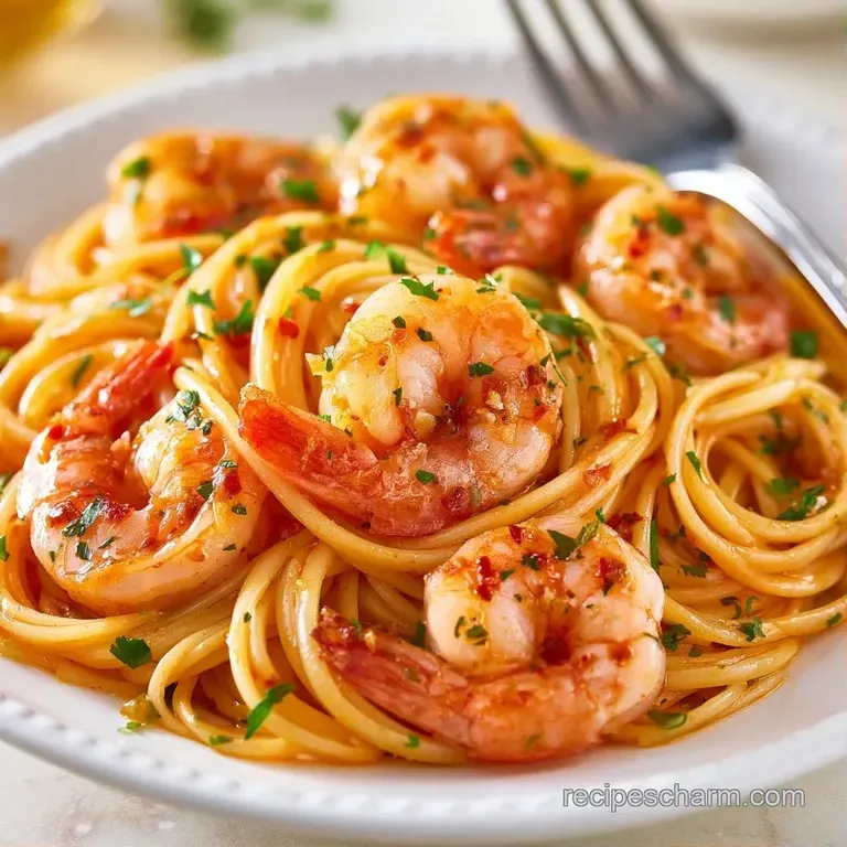 Swirled buttery noodles and seared pink shrimp on a white plate, garnished with fresh parsley and red chili flakes.