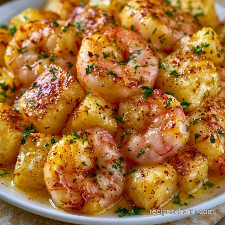 A neatly plated serving of seared pink shrimp and crispy gold potatoes garnished with fresh green parsley leaves