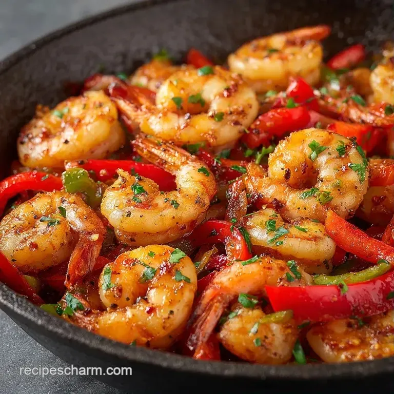Elegant plating of seared shrimp and rainbow vegetables on a white plate, garnished with fresh chopped parsley.