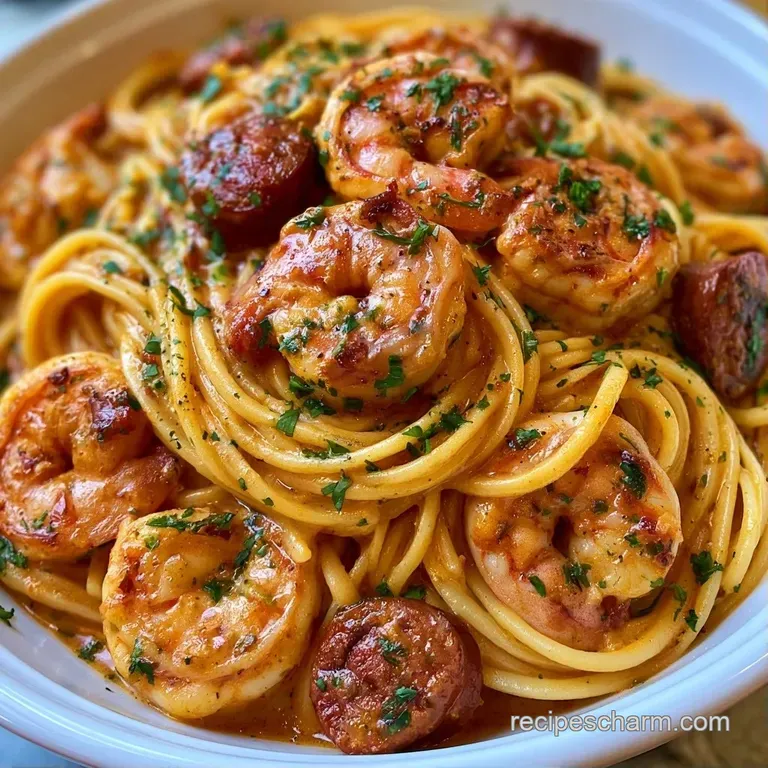 Elegant bowl of pasta and shrimp topped with fresh parsley, served on a dark matte plate with a side of garlic bread.