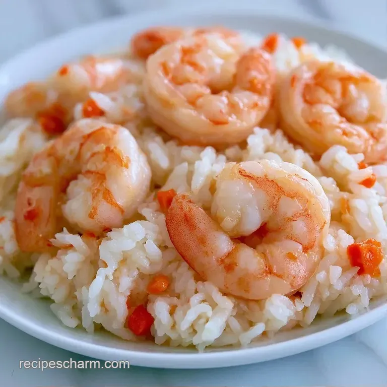 A sleek white ceramic plate holding a mound of yellow rice topped with seared shrimp and thinly sliced scallions.