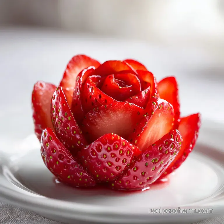 Elegant glass filled with a blush-pink strawberry rose drink, garnished with delicate rose petals and sliced berries, ligh...