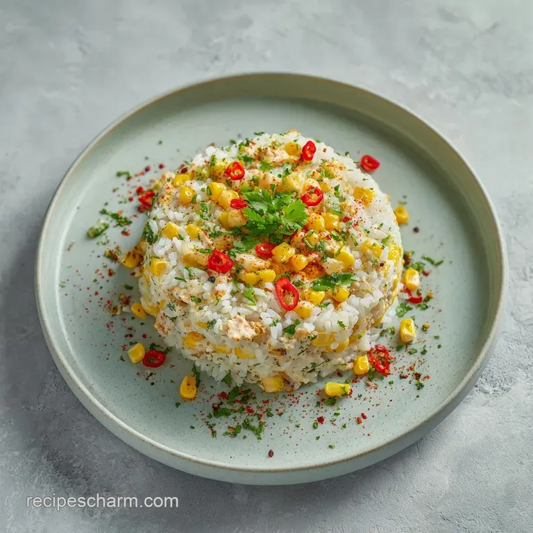 Colorful street corn chicken rice bowl plated with fresh lime wedge and scattered cilantro; vibrant and appetizing present...