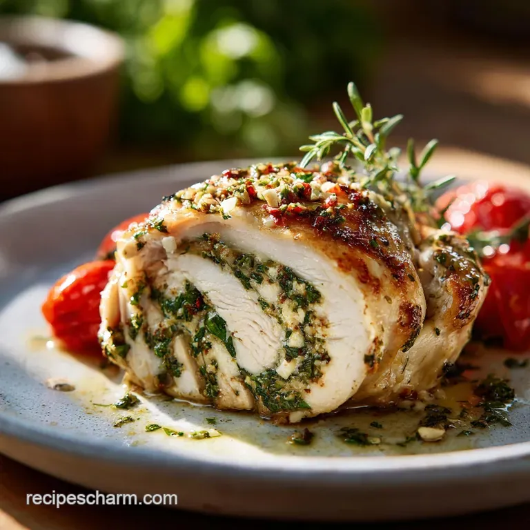 Elegant stuffed chicken breast plated with vibrant green vegetables, glistening with a light sauce. A truly appetizing and...