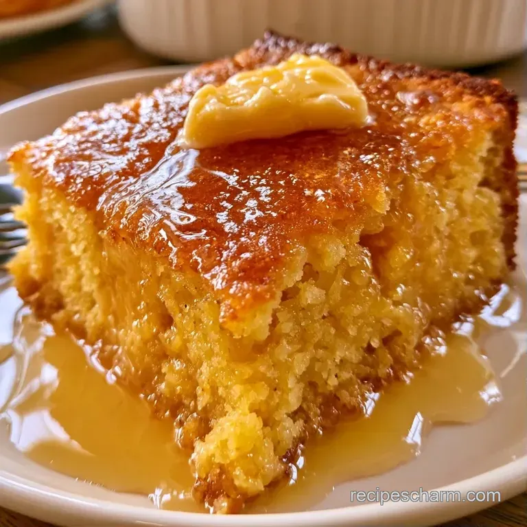 A thick slice of yellow cornbread on a white ceramic plate topped with a dollop of cool, creamy white sour cream.