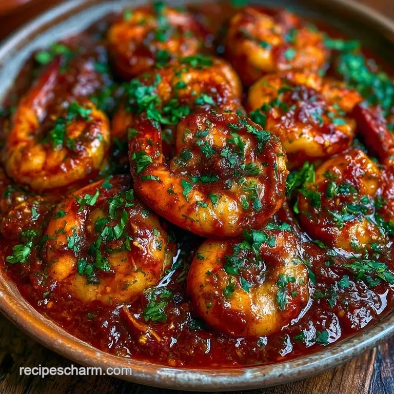 A shallow white bowl of deep red curry with juicy shrimp, paired with fluffy basmati rice and a lemon wedge.