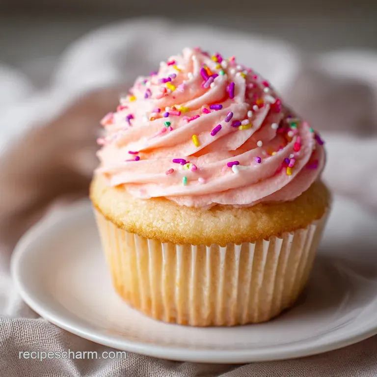 A single vanilla cupcake sits on a plate. Creamy, sky-blue frosting, adorned with a delicate candy heart and shimmering ed...