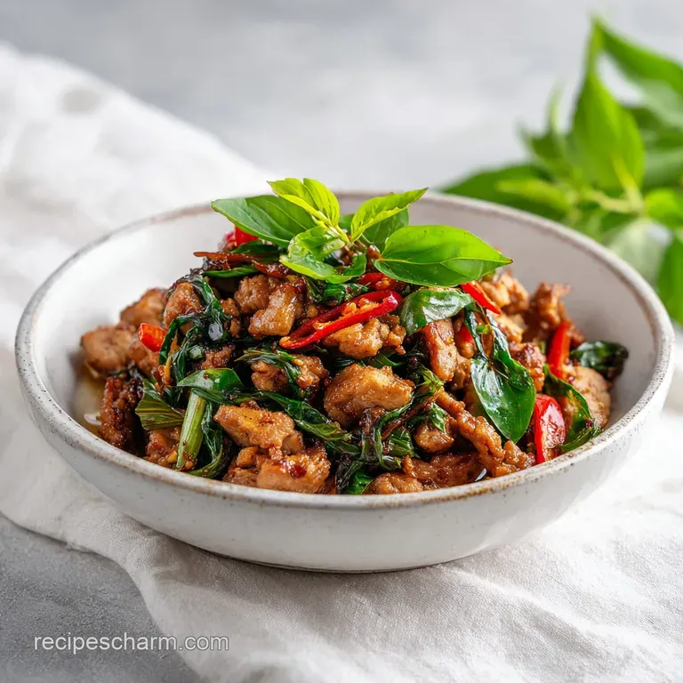 A colorful mound of spicy chicken and basil piled high, garnished with fresh cilantro and a lime wedge.
