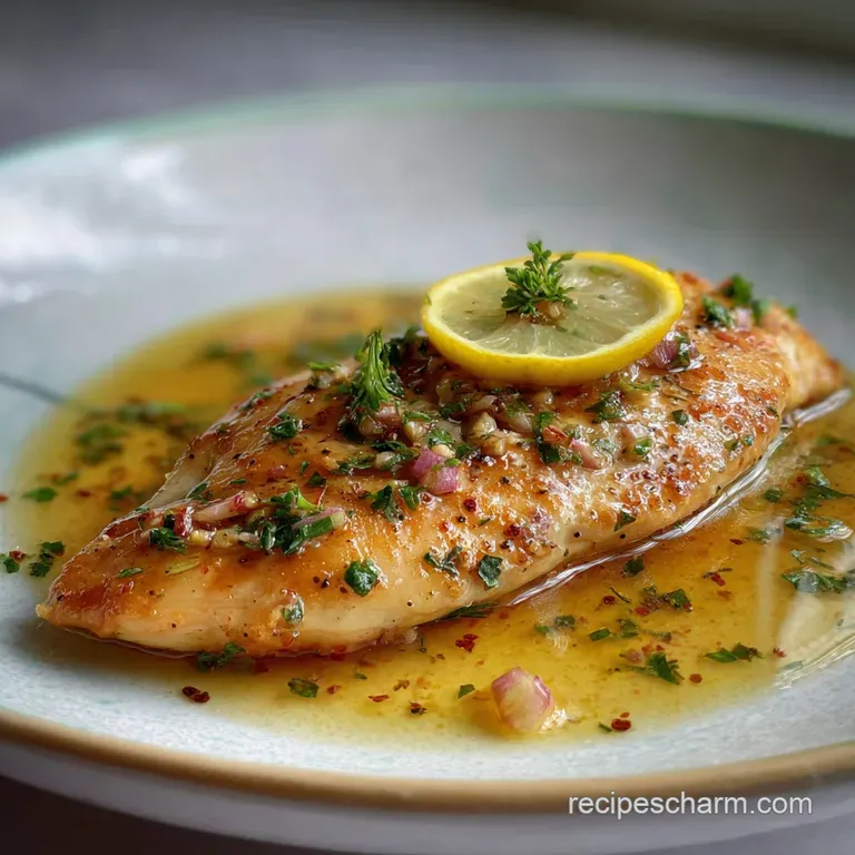 Elegant plate with juicy chicken, lemon wedges, and vibrant green herbs. Steam rises, suggesting hot, fresh flavors.