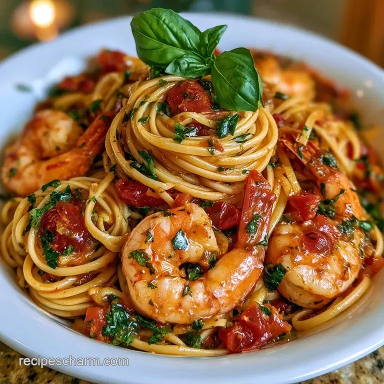 Twirled pasta with seared shrimp in a glossy red sauce, served in a white bowl with a sprig of fresh basil leaf.