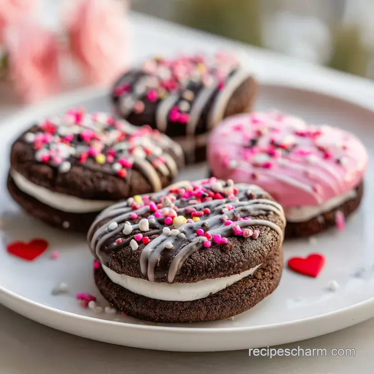A neat stack of Valentine's cookies, adorned with vibrant red and pink M&Ms, invitingly arranged.