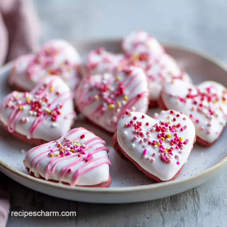 A stack of elegantly decorated heart cookies displays intricate pink & white frosting patterns, ready for a Valentine's tr...
