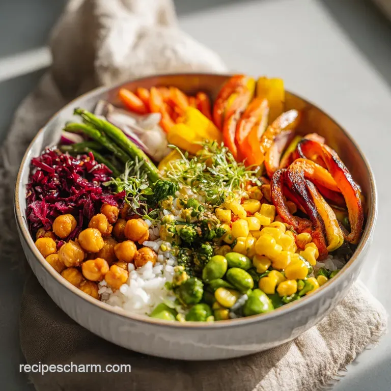 Artistic plating with jewel-toned roasted vegetables arranged beautifully around a bed of fluffy grains, drizzled with tah...