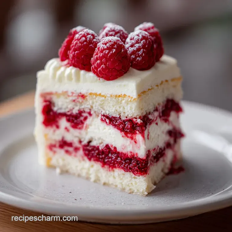 Elegant slice of layered cake: pale frosting, bright raspberry swirls, and soft crumbs resting on a white plate. Looks inc...