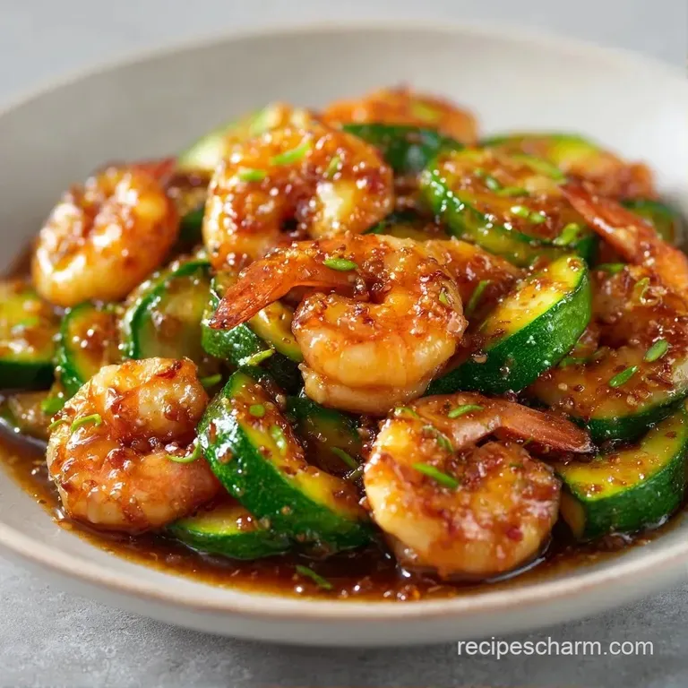 Saut&eacute;ed pink shrimp and sliced zucchini arranged over fluffy white rice, garnished with fresh green scallions.